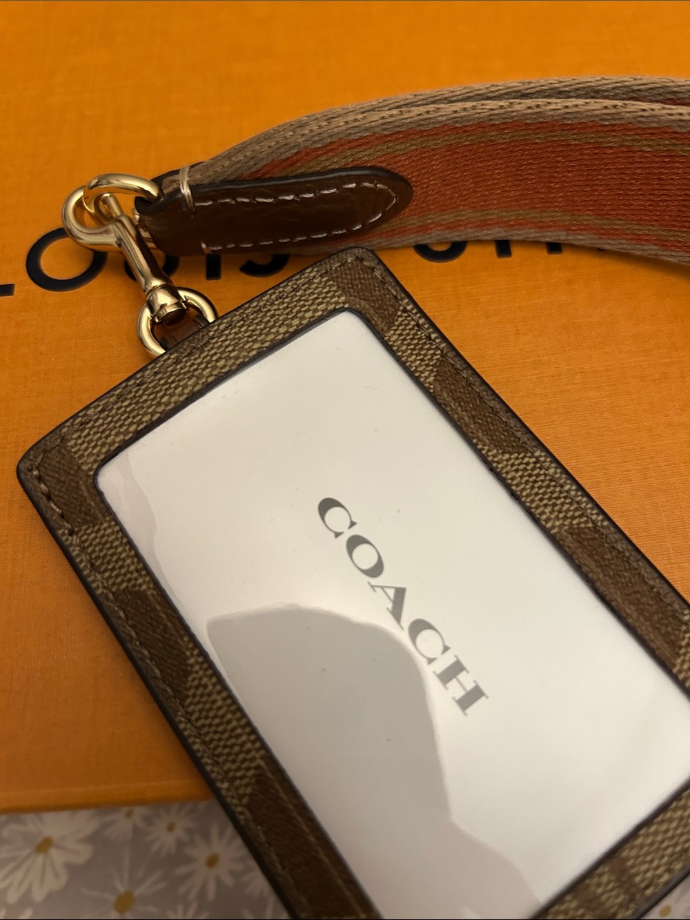 Coach Brown Signature Canvas Card Holder with Orange Branded Lanyard - Picture 4 of 6
